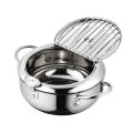 Deep Fryer Pot Tempura Frying Pan 304 Stainless Steel Flat Bottom Japanese Style Cookware W/Lid & Temperature Control Thermometer.