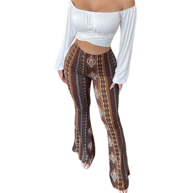 Frauen Boho Flare Pants Ethnic Tribal Print Bell Bottom Yoga