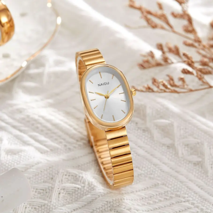 Women Quartz Watch Oval Shaped Fashion Mini Case Small Roman Numeral Dial Female Full Metal Band Watches Niche Wristwatch