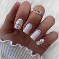 24Pcs Artificial Nails Set Press on Short Square False Nails with Sequins Design Aurora Yellow Nails Wearable Nail Tips.