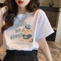 138 Korean Style Short Sleeve T T-shirt Women's, Blue Bottoming Top round Neck Loose Casual New Bear Printed Summer T-shirt.