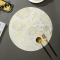 Golden Flower Placemat | Round PVC Dining Mat | Heat-Resistant Table Pad | Non-Slip Table Protector | Washable Decorative Placemat | Elegant Wedding Tableware | Festival Dining Table Mat | Luxury Gold Table Decor |  Model PM 1001 by Pizeon Luxury Linens. 