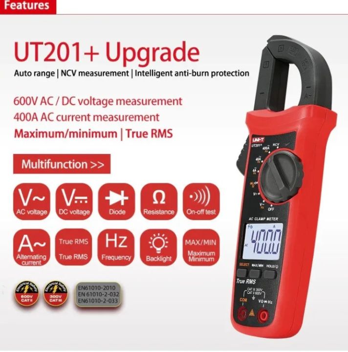 UNI-T UT201+ Digital Clamp Meter 400A True RMS Clamp Meter DC/AC Current Voltage Meter NCV AC Current Diode Resistance Clamp Tester Meter UT201+