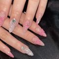 24pcs milkey gradient white glitter false nails with glue press on nails almond acrylic nail diamond ballet artificial nail.