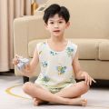 Children's Summer Sleeveless Vest Boys' Home Wear Boy Thin Type Artificial Cotton Air Conditioning Clothes Children's Home Pajamas. 
