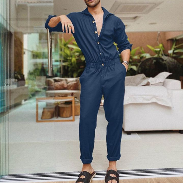 Lounge Jumpsuits Men Mens Spring And Autumn Fashion Leisure Solid Color Lapel Pocket Buckle Overalls Jumpsuit Sweat Set