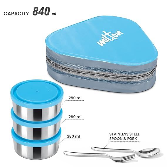 MILTON Triyum Stainless Steel Tiffin, 3 Container, 280 ml Each, with Jacket, Spoon & Fork, Lunch Box  Food Grade  Odour Proof  Light Weight