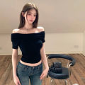 Hot Girl Style off-Shoulder off-Shoulder Short Sleeve T Women's Summer T-shirt 2024 New Pure Desire Black Slim-Fit Crop-Top. 