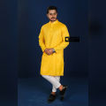 Yellow Casual Peyaj Cotton Panjabi - কাপল ড্রেস শাড়ি.