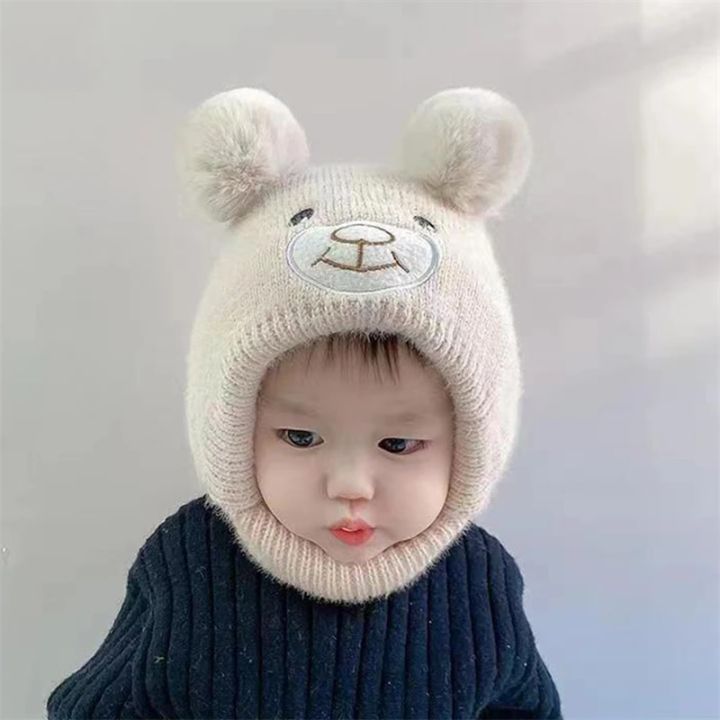 Korean Kids Winter Cartoon Bear Ear Beanie Cap Baby Protection Hats Scarf Bear Knitted Hat Neck Cover Toddler Boy Girl Bonnet