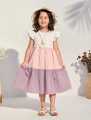 Kids’ Patchwork Midi Dress – Casual, Color Block, Flounce Sleeves, High Waist, Plain Design.