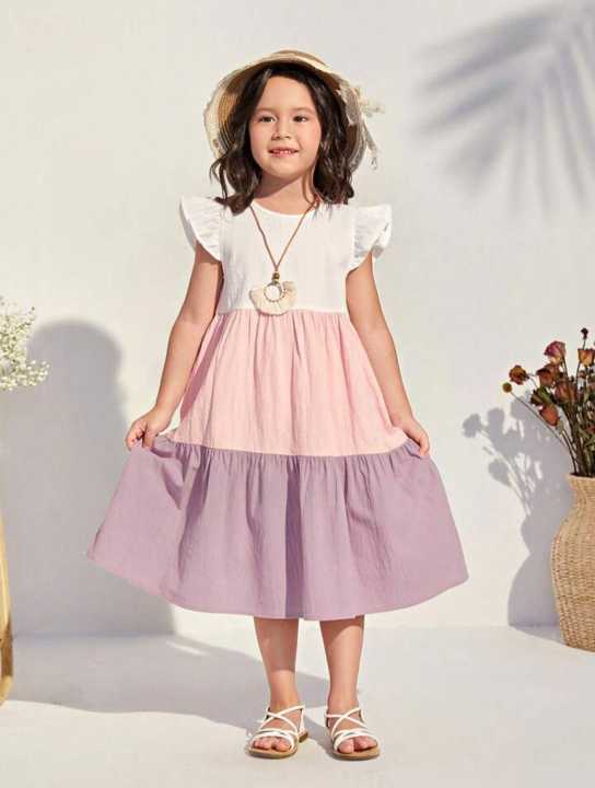 Kids%E2%80%99%20Patchwork%20Midi%20Dress%20%E2%80%93%20Casual,%20Color%20Block,%20Flounce%20Sleeves,%20High%20Waist,%20Plain%20Design%20-%20Image%202