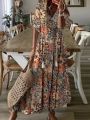 Women Floral Long Dress Retro V Neck Half Sleeve Dress Casual Boho Drawstring Loose Holiday Beach Maxi Dress Vestidos Femme.
