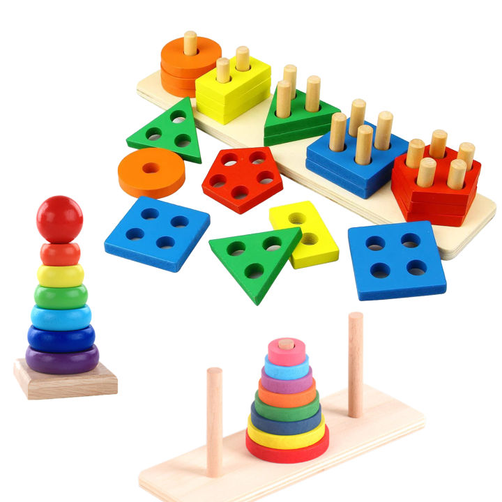 Baby Wooden Toys Rainbow Stacking Ring Tower Blocks Puzzle Toys Montessori Educational Color Shape Geometric Game Toys for Kids KankongAgu