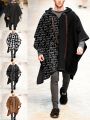 Vintage Wool Poncho Mens Winter Jackets and Coats Oversized Hooded Cape Irregular Long Trench Coat Male Cloak Print Outerwear. 