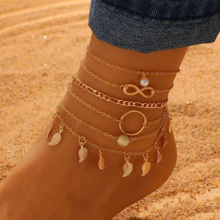 Summer Beach Anklet Set For Women Gold Color Chain On Leg