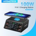 ASOMETECH 100W USB C Fast Charger Station,4 QC3.0 + 4 PD3.0 PPS + Wireless Charging,9 in 1 USB Charger For Samsung iPhone iPAD. 