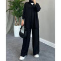 Womenโs New arrival clothes solid color long sleeved shirt coat and pant set Female casual 2 piece.