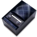 100% Silk Brand Tie Handkerchief Cufflink Set For Men Necktie Holiday Gift Box Blue Gold Suit Accessories Slim Wedding Gravatas.