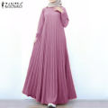 ZANZEA Muslimah Womens Muslim Pleated Baggy Long Sleeve A Line Elegant Maxi Dress.
