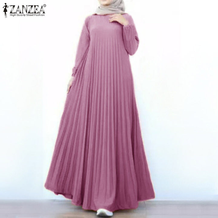 ZANZEA Muslimah Womens Muslim Pleated Baggy Long Sleeve A Line Elegant Maxi Dress