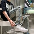 Side Slit Zipper Pierced Jeans Men's Straight Tube Micro Flared Pants Autumn American High Street Vibe Fashion Zipper Hem Jeans. 