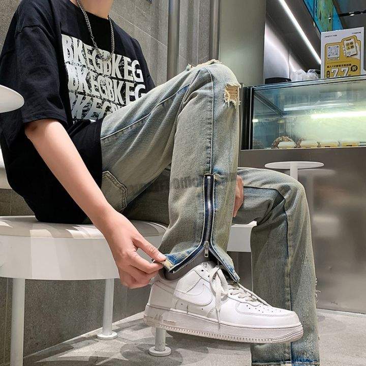 Side Slit Zipper Pierced Jeans Men's Straight Tube Micro Flared Pants Autumn American High Street Vibe Fashion Zipper Hem Jeans