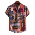 Vintage Men's Shirts Ethnic Style Printing Lattice Casual Streetwear Stand Collar Short Sleeve Loose Hawaiian Shirt Mens Summer.