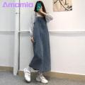 Denim Overall Dress Chic Suspender Denim Dress Trendy Collarless Bklessdi with ckets Split m Adjusle Straps Perfect for Stus soutast Buyers Denim Suspender Dress.