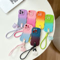Olige Case For iPhone 11 12 13 14 15 16 17 Pro Max 6 7 8 14 15 16 Plus 16E X XR XS Max 17 Air New Gradient Splicing Color Contrasting Leather Buckle Bow Love Hanging Rope phone case back cover. 
