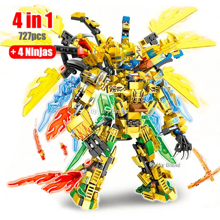 4in1 Ninja Golden Warrior Robot Mech 2 Heads Flying Dragons Set Fighter Figures Building Blocks Toys for Kids Boys Chritmas Gift Superman