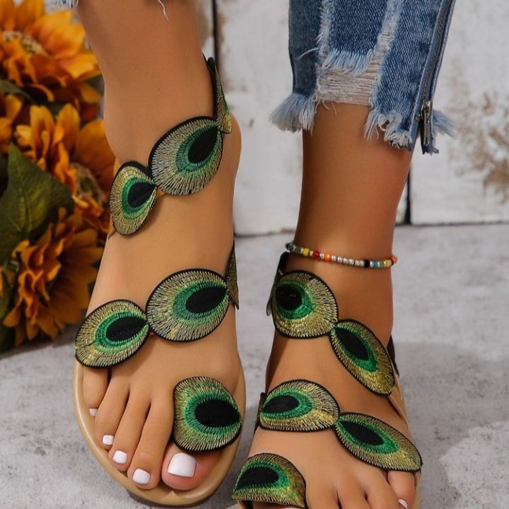Yellow%20Embroidered%20Faux%20Flower%20Fashion%20Sandals%20Flat%20Plus%20Size%2043%20Summer%20Outdoor%20Beach%20Shoes%20Travel%20Mom%20Shoes%20-%20Image%204