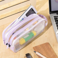 1 Piece Grid Mesh Pencil Case 2 Compartment Pen Bag Clear Pencil Pouch For Teen Student College Pink.