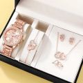 6PCS Set Rose Gold Luxury Watch Women Ring Necklace Earring Rhinestone Fashion Wristwatch Casual Ladies Bracelet Watches. 