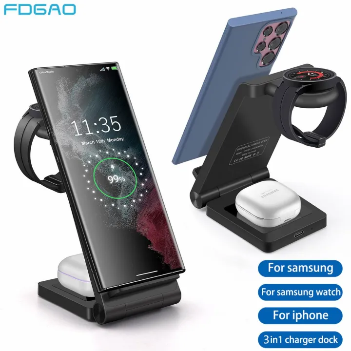 25W Fast Charging Station for Samsung 3 in 1 Wireless Charger for Galaxy Watch 5 Pro/4/3 S22/S21/S20/Note20/Z Flip 4/Fold 4 Buds