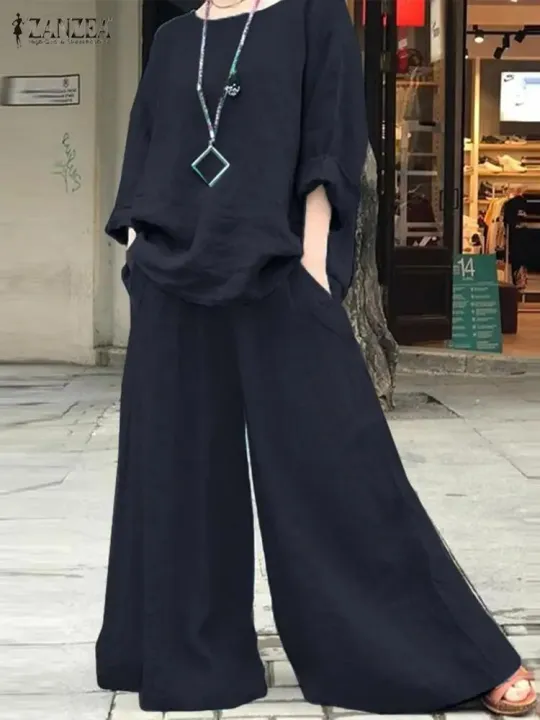 Women's%20Suit%202PCS%20O-Neck%20Long%20Sleeve%20Blouse%20Wide%20Leg%20Pant%20Autumn%20Vintage%20Outfits%20-%20Image%202