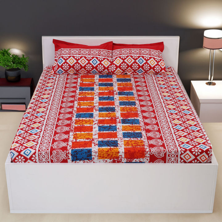 Double King Size Bedsheet Set ft) with Pillow Covers Cotton  Multicolor Print