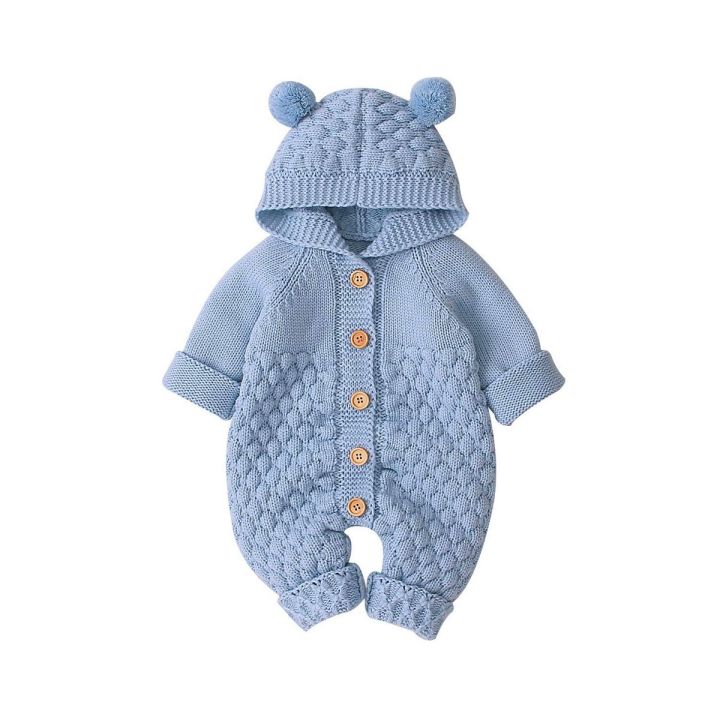 (NEW)it Newborn Baby Winter Hoodie Romper, Long Sleeve Knitted Solid Color Button Jumpsuit