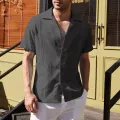 Men Summer Beach Shirt Casual Cotton Linen Solid Color Tops Short Sleeves Lapel T Shirt. 
