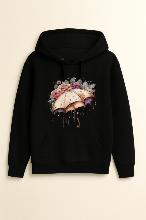 Solid black Color printed (umbrella) Hoodie 320 GSM Fully Cotton Fabrics Suitable for Women Girls Ladies Hoodie by Tajkiya Fashion