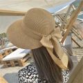Summer Women Large Bow Straw Hat Portable Foldable Holiday Beach Sun Visors Hand Woven Solid Color Female Sunshade Bonnet Cap. 