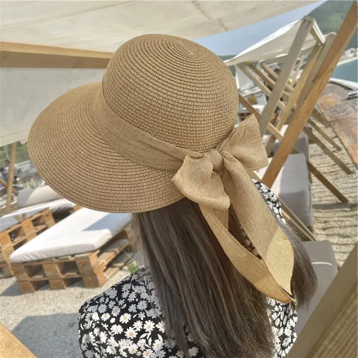 Summer%20Women%20Large%20Bow%20Straw%20Hat%20Portable%20Foldable%20Holiday%20Beach%20Sun%20Visors%20Hand%20Woven%20Solid%20Color%20Female%20Sunshade%20Bonnet%20Cap%20-%20Image%204