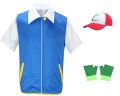 P-PokemonING Go Anime Blue Jacket Costume Boys Girls Ash Ketchum Cosplay for carnival Party Trainer Cap and Gloves Set.