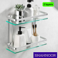 Bathroom Shelves Wall Mounted Aluminum Bathroom Glass Shelf 2 Layers Tempered Glass Rectangular.