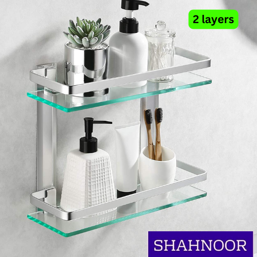 Bathroom Shelves Wall Mounted Aluminum Bathroom Glass Shelf 2 Layers Tempered Glass Rectangular