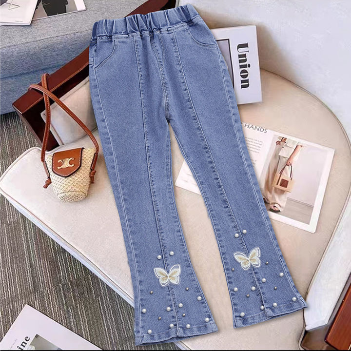 Girls' jeans, spring and autumn new middle and large children's bell bottoms, spring and autumn foreign style baby girls, children's leisure, long filial piety
