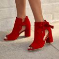 Spring Large Size Women's Shoes New Foreign Trade Korean Style Cloth Side Empty Back Internet Celebrity Lace up Chunky Heel High Heels Sandals for Women. 