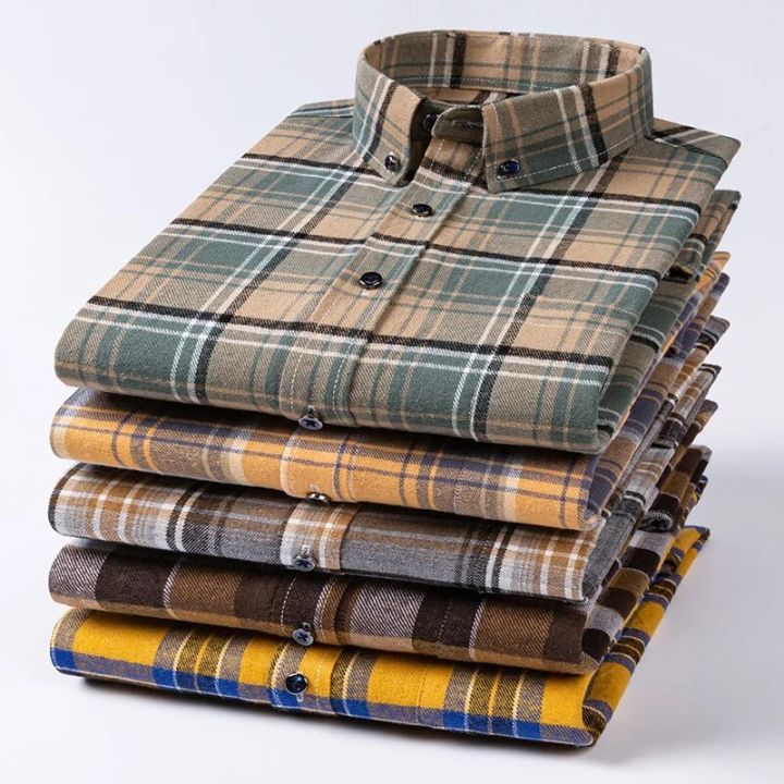 New Plaid Flannel Casual Shirts For Men Autumn Winter Long Sleeve Regular Fit Classic Checked Business Dress Shirt Men's Clothes
