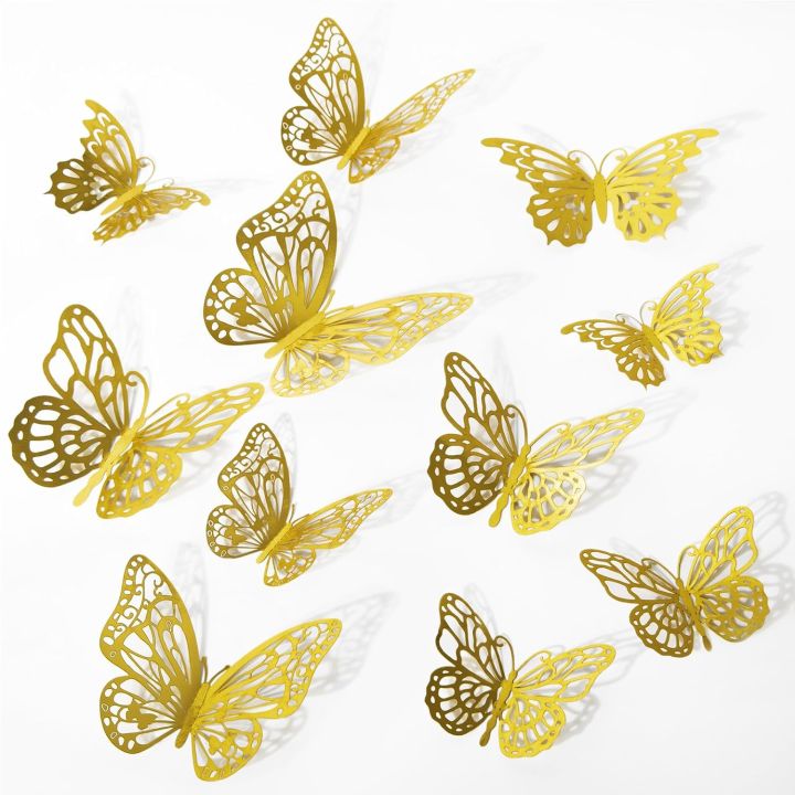 Gold Butterflies for Party, Birthday, Cake Decorations, Removable Stickers for Wedding Room Flower Decor