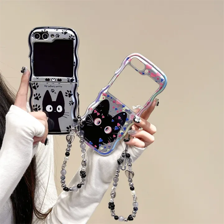 HODON%20Cute%20Wave%20Love%20Black%20Cat%20Phone%20Case%20for%20Samsung%20Galaxy%20ZFlip5%20Flip3%20Zflip4%20Cases%20With%20Bracelet%20Shockproof%20Hard%20Back%20Cover%20-%20Image%202